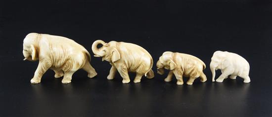 A Japanese graduated set of four ivory figures of elephants, length 5.2cm - 9.3cm